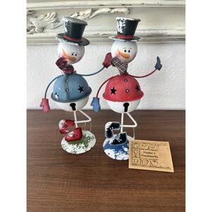 Whimsical Primitive Metal 2 Snowmen Spring Bell Tummy Christmas Handmade